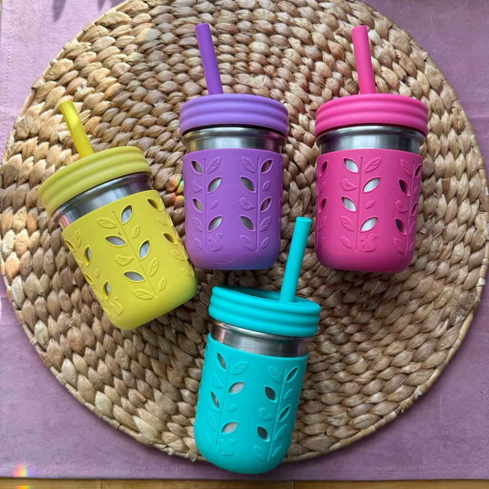 Kids Silicone Mason Cup with Straw - Yellow, Purple, Pink, Teal